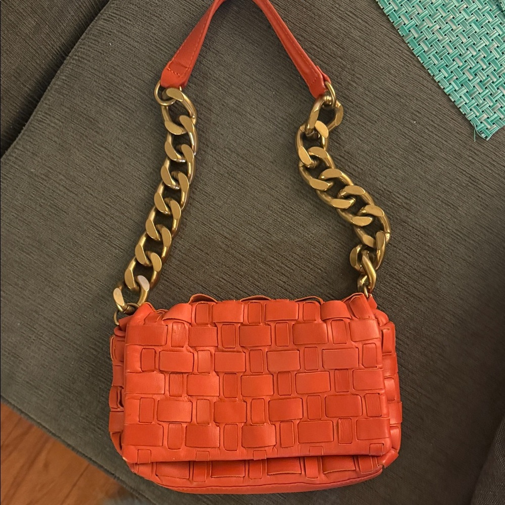 Zara Orange Woven Leather Bag with Gold Chain